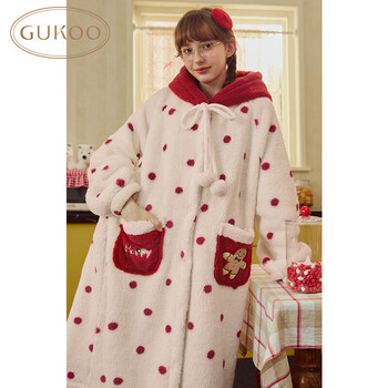 果壳（Gukoo）睡袍女冬季毛绒保暖新款连帽可爱甜美卡通多款女士家居服睡袍D 薄纱粉 M