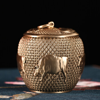 纯铜茶叶罐藏品纯铜五牛茶叶罐防潮防虫存茶罐储物罐铜茶罐锦盒装 锦