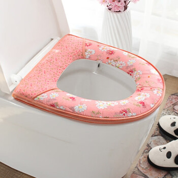 春夏棉麻拉链马桶垫坐便套马桶套圈坐便垫座便套座便垫 深粉色 菊花