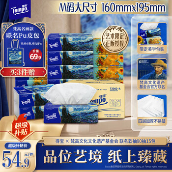 得宝（TEMPO）梵高文化遗产基金会艺术系列抽纸4层90抽*15包 湿水不易破 纸巾
