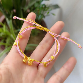 足金蝴蝶结 4颗方糖金珠手链