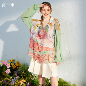 两三事梵高艺术 花野芳菲 2023春季新款油画印花翻领雪纺休闲衬衫女宽松 绿色 S