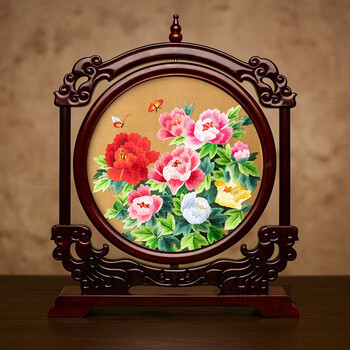 屏风摆件中国风 苏绣摆件成品古典中式桌面摆台手工刺绣小屏风红木台