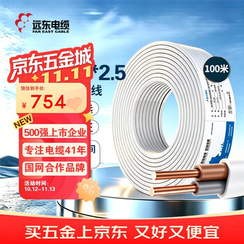 远东电缆 BVVB 2*2.5平方国标装潢明线插座用铜芯两芯扁形护套硬线 100米 白色