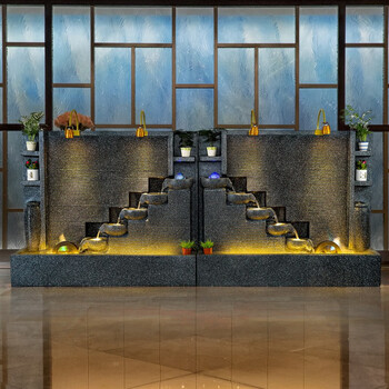 皇礼家居 水幕墙流水假山喷泉循环水景景观现代简约会所酒店开业落地