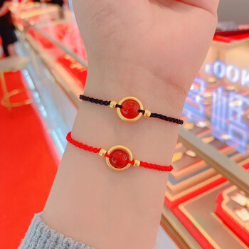 老凤祥款式 999足金平安扣情侣手链男女一对天然红玛瑙编织相思红豆
