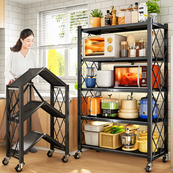 帅仕免安装折叠厨房置物架落地多层储物架货架家用移动推车微波炉架子