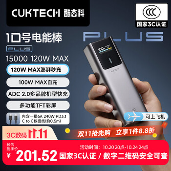 CUKTECH酷态科【3C认证可上飞机】10号超级电能棒Plus电芯15000毫安时充电宝120W快充适用笔记本小米苹果
