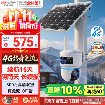 海康威视（HIKVISION）太阳能摄像头免插电800万双摄室外4G终身免充值流量360度无死角低温户外监控器手机远程T4