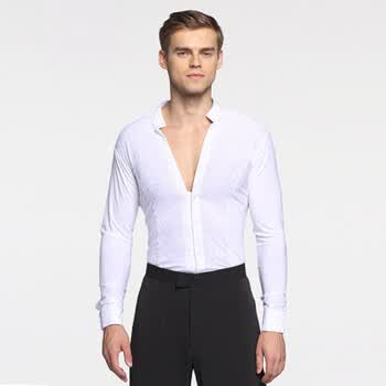 广场舞男士长袖衬衫练功深v领摩登服装拉丁舞上衣 y1061白色长袖 s