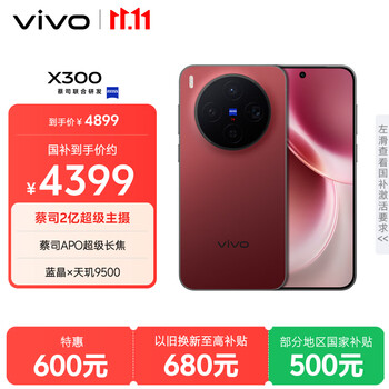vivo X300  12GB+512GB 好运红 蔡司2亿超级主摄 蔡司APO超级长焦 5年持久流畅OriginOS 6 拍照 AI手机