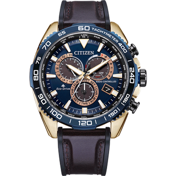 西铁城日本深蓝表盘金色皮带光动能电波手表男cb5039cb503911l