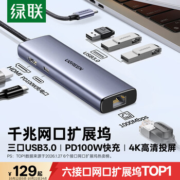 绿联Type-C扩展坞千兆网口拓展坞USB分线器转HDMI网线转接器4k高清适用华为苹果MacBook/Mac mini雷电4