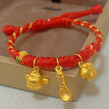 瑞诺 黄金宝宝手链吉祥三宝999足金转运珠衣食无忧红绳手链周岁婴儿