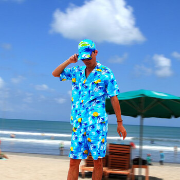 海南岛服蓝色民族花衣服沙滩衬衣三亚旅游休闲情侣套装短袖衬衫椰子树