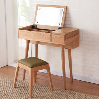 家逸实木梳妆台现代简约化妆桌小户型翻盖卧室带灯网红北欧化妆台