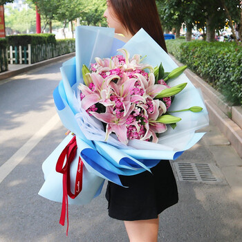 幽客玉品鲜花速递香水粉百合花束同城配送女友长辈老师生日送花 19朵粉百合花束——相思梅款