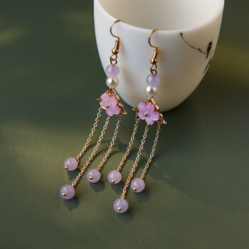 汉服耳饰古风无耳洞流苏长款小清新耳环花朵耳钩古装配饰紫色耳钩款