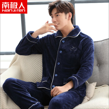 南极人 睡衣男秋冬长袖可外穿法兰绒睡衣家居服男加厚珊瑚绒翻领开衫套装 男经典藏青(上衣+裤子) XL