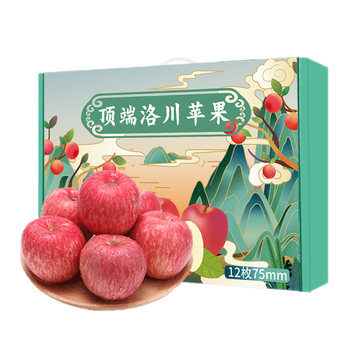 洛川苹果陕西延安红富士时令苹果水果礼盒装苹果生鲜新鲜脆甜整箱好吃 12枚75mm甄选中果 礼盒装