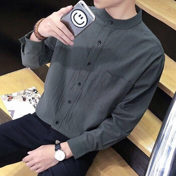 男士粗布长袖衬衫文艺港仔衬衫男士韩版宽松立领棉 长袖绿色棉麻立领