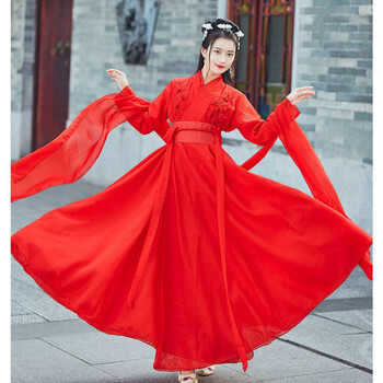 汉服女仙气飘逸古风仙广袖清新淡雅仙女古装 上衣 红色连衣裙 腰带 s
