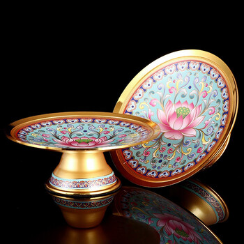 圆通工艺 供佛水果盘贡品盘合金唐纹莲花家用贡盘果盘 9英寸唐纹莲花