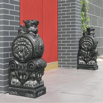 俊阳石雕门墩抱鼓石一对仿古青石狮子麒麟貔貅大门口瑞兽大象石头摆件