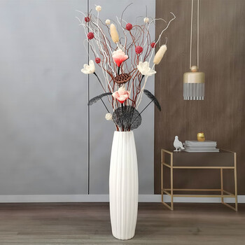 恒愎客厅干花装饰现代简约陶瓷高枝大型落地插花叶脉花玄关家居 仿真