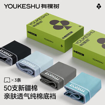 国家补贴：YOUKESHU 有棵树 男士内裤男抗菌纯棉底裆透气高弹大码裤头男生男式四角平角短裤衩3条