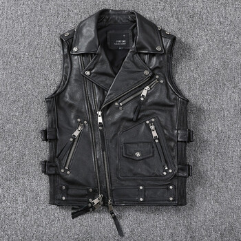 新款哈雷机车马甲 头层牛皮无袖背心 骑行服皮夹克皮衣男短款车队骑行