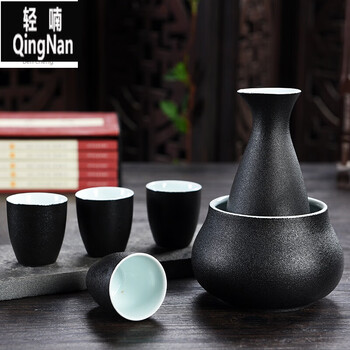 轻喃轻喃老式陶瓷温酒器黄酒分酒器家用清酒杯烫小酒盅 温酒壶黑陶4杯
