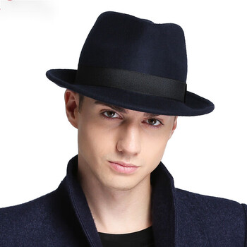 7PM男士礼帽男羊毛呢子绅士帽秋冬英伦爸爸中老年人爵士帽子青年毡帽 藏青色 大码(59-61CM)可调节