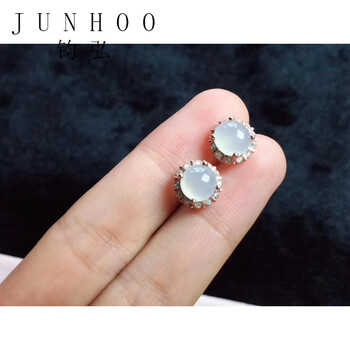 钧弘翡翠耳钉女s925银镶嵌玉石a货冰种白色蛋面冰透情人节礼物