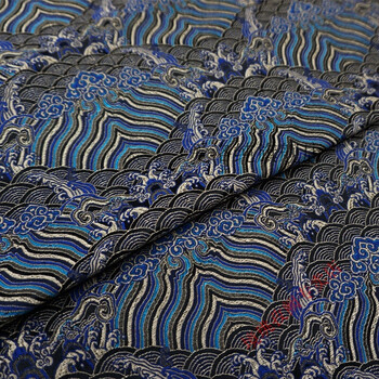 黑底色蓝泥金云海崖纹亚光织锦缎布料丝绸缎子云锦古装面料 0.5米