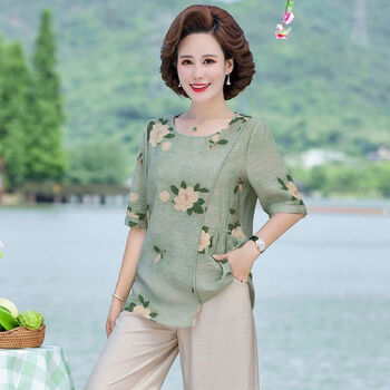 hkzl妈妈新款洋气夏装上衣服中年女装棉绸短袖t恤中老年薄款两件套装