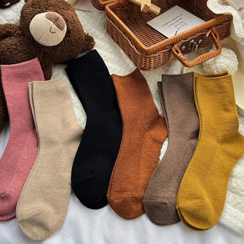 复古咖色粗线袜子女中筒ins潮纯棉日系纯色百搭秋冬加厚女士长袜 双针