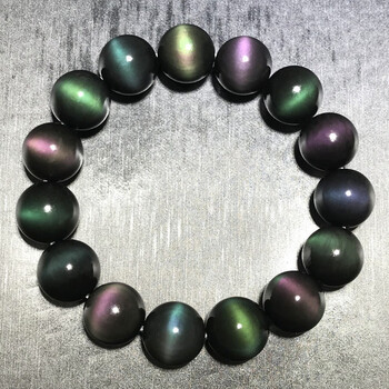 歌盼 天然黑曜石手链 男士女款彩虹猫眼手串 全绿眼紫眼猫眼石黑耀石