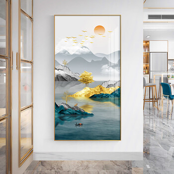 慕言现代轻奢玄关装饰画竖版入户走廊山水客厅背景墙过道新中式挂壁画