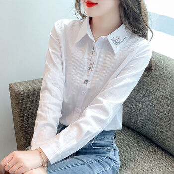 庆侨衬衫女工作服短袖春秋款装2023年新款刺绣纯棉洋气全棉衬衣时尚减