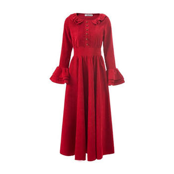 【女装新款】春夏季文艺复古红色灯芯绒连衣裙沙漠度假衣服长袖仙女装大摆长裙 红色 M秋冬新品