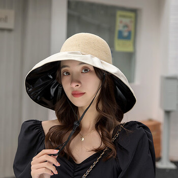 梵美莲女士太阳帽夏天的帽子黑胶蝴蝶结遮阳帽镂空草帽遮脸防晒太阳渔
