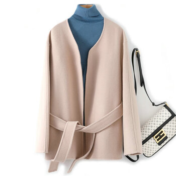 确不凡无领羊绒大衣女双面绒短款小个子女式冬韩版系带收腰毛呢气质