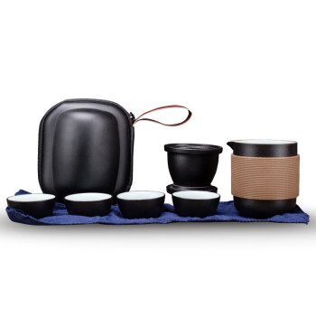 龙瓷 旅行茶具套装便携包式快客杯陶瓷功夫户外随身泡茶壶茶杯水杯子可定制LOGO 黑陶防烫一壶四杯