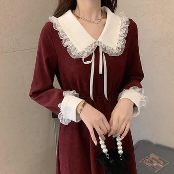 【女装新款】灯芯绒连衣裙女秋冬新款洋气减龄甜美遮肚显瘦温柔风长裙 酒红色 L 建议105--120斤