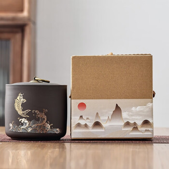 普诺尔 粗陶茶叶罐茶叶密封罐茶罐红茶普洱储藏罐储物罐中式茶叶盒茶仓 礼盒装年年有余