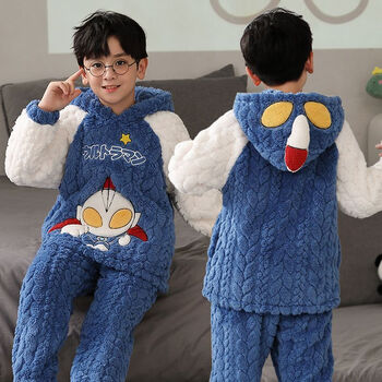 珊瑚绒加绒加厚男童睡衣秋冬女童家居服中大童法兰绒 dz614奥特曼男