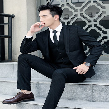 金盾西服套装男新郎结婚礼服修身韩版条纹休闲帅气英伦风潮流西装正装