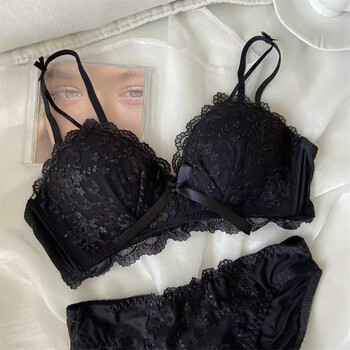 浪莎蕾丝内衣女小胸聚拢无钢圈日系学生高中少女纯欲薄款文胸罩套黑色