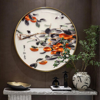 玄关圆框新中式山水花鸟苏州刺绣装饰画80cm一米事事如意圆框6060cm